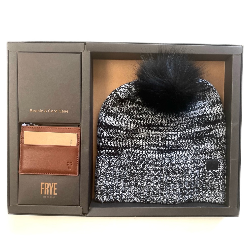 Frye marbled beanie and card case set